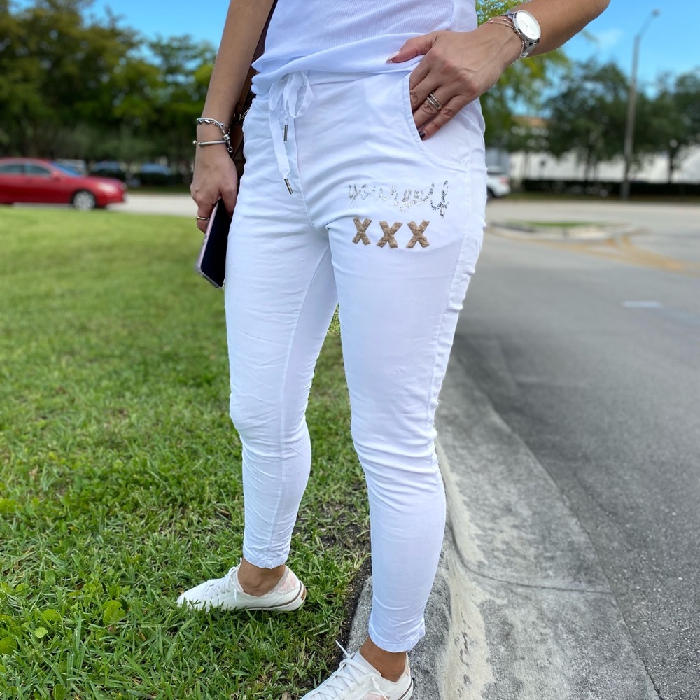White Jogger Pants with Embellishments